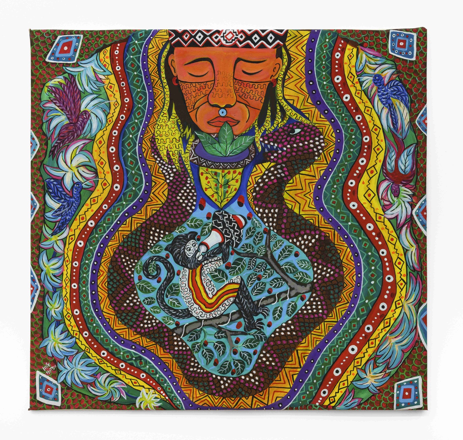 Harry Pinedo ‑ Inin Metsa. La Meditación del Ayahuasca (Die Ayahuasca Meditation), 2022. Shipibo, Ucayali und Lima, Peru. Gesammelt von Mona Suhrbier, 2022. Acryl auf Leinwand. Sammlung Weltkulturen Museum. Foto: Wolfgang Günzel