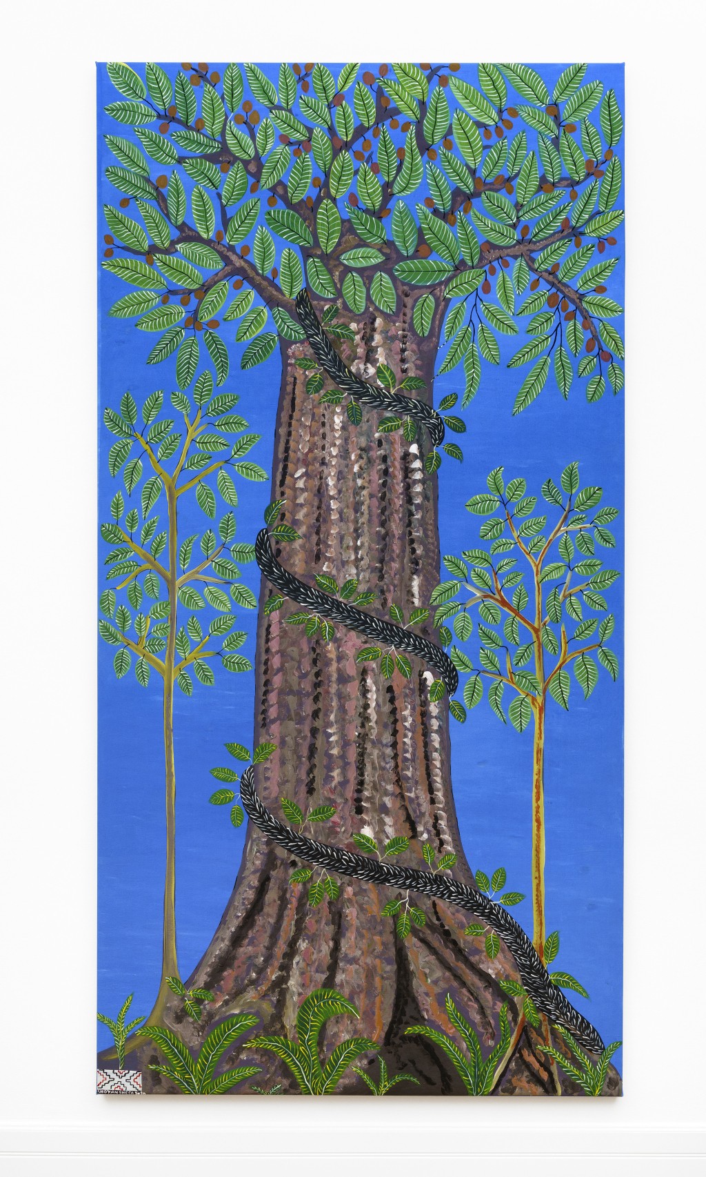 Roldán Pinedo Lopez.  Copaíba,  aus der Serie Solo Árboles (Nur Bäume), 2020. Shipibo, Lima und Amazonien, Peru. Gesammelt von Mona Suhrbier, 2020. Acryl auf Leinwand. Auftragsarbeit für die Sammlung Weltkulturen Museum. Foto: Wolfgang Günzel