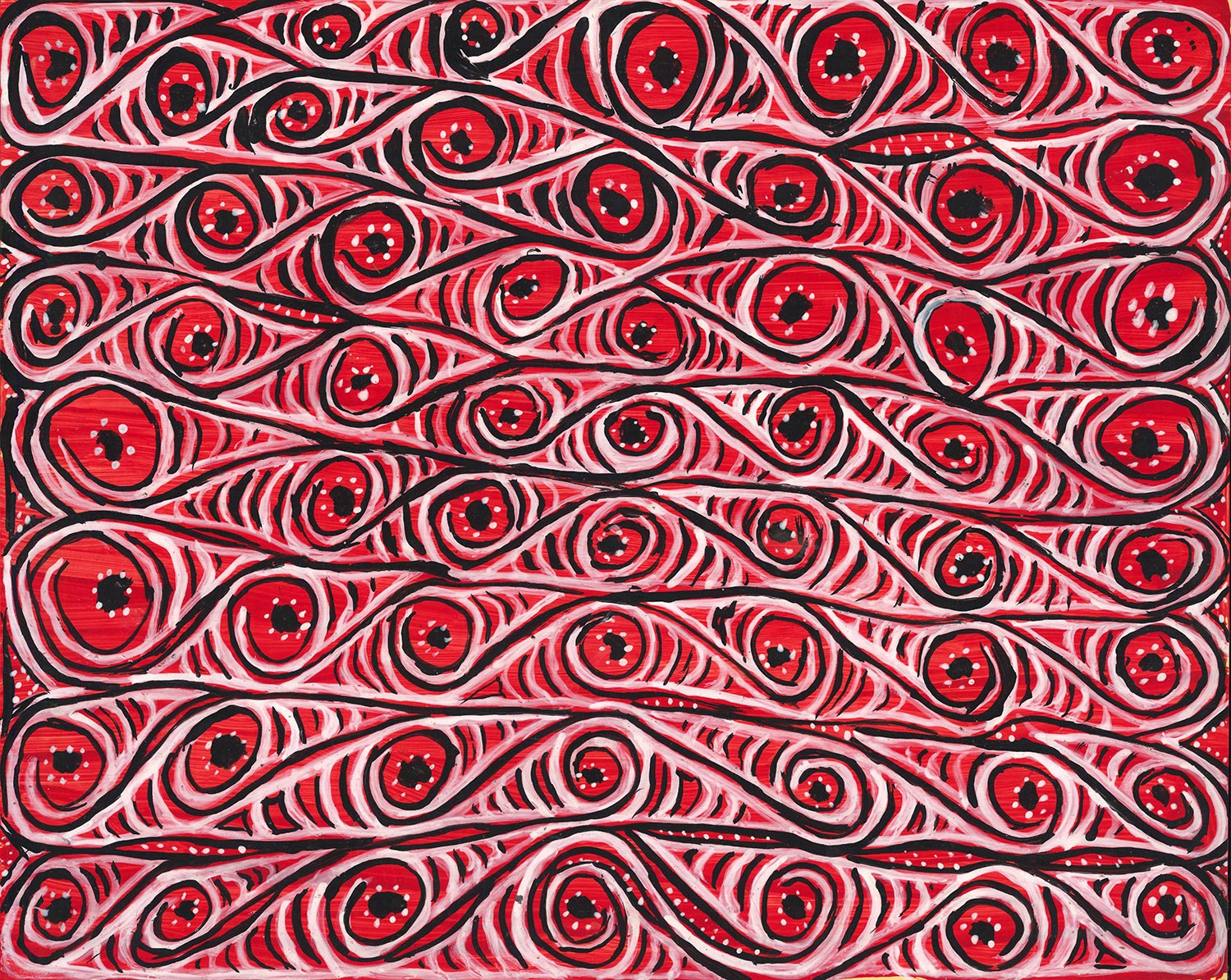 „Malerei der Avim“, Papua Neuguinea Ankaufsprojekt des Ozeanien-Kustos Matthias Claudius Hofmann: 18 Malereien auf Papier mit entsprechender ethnologischer Dokumentation. Dorf Avim, Papua-Neuguinea (Arafundi River, südliches Nebenflussgebiet des Sepik). Gesammelt und dokumentiert von Tomi Bartole 2019, Sammlung Weltkulturen Museum. 50,5 x 62 cm. Foto: Wolfgang Günzel
