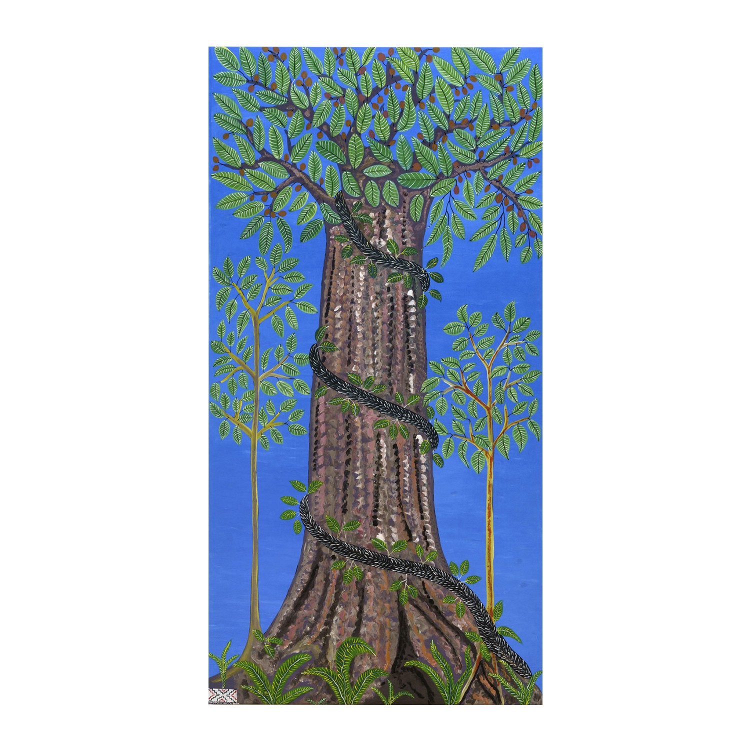 „Bäume“ von Roldán Pinedo, Shipibo, Peru „Cashimbo“.  Ankaufsprojekt der Amerikas-Kustodin Mona Suhrbier: Auftragsarbeit und Ankauft vier großer Acrylgemälde „Bäume“. 2020. Acryl auf Leinwand, jeweils ca. 2.90 x 1.50 m. Foto: Wolfgang Günzel