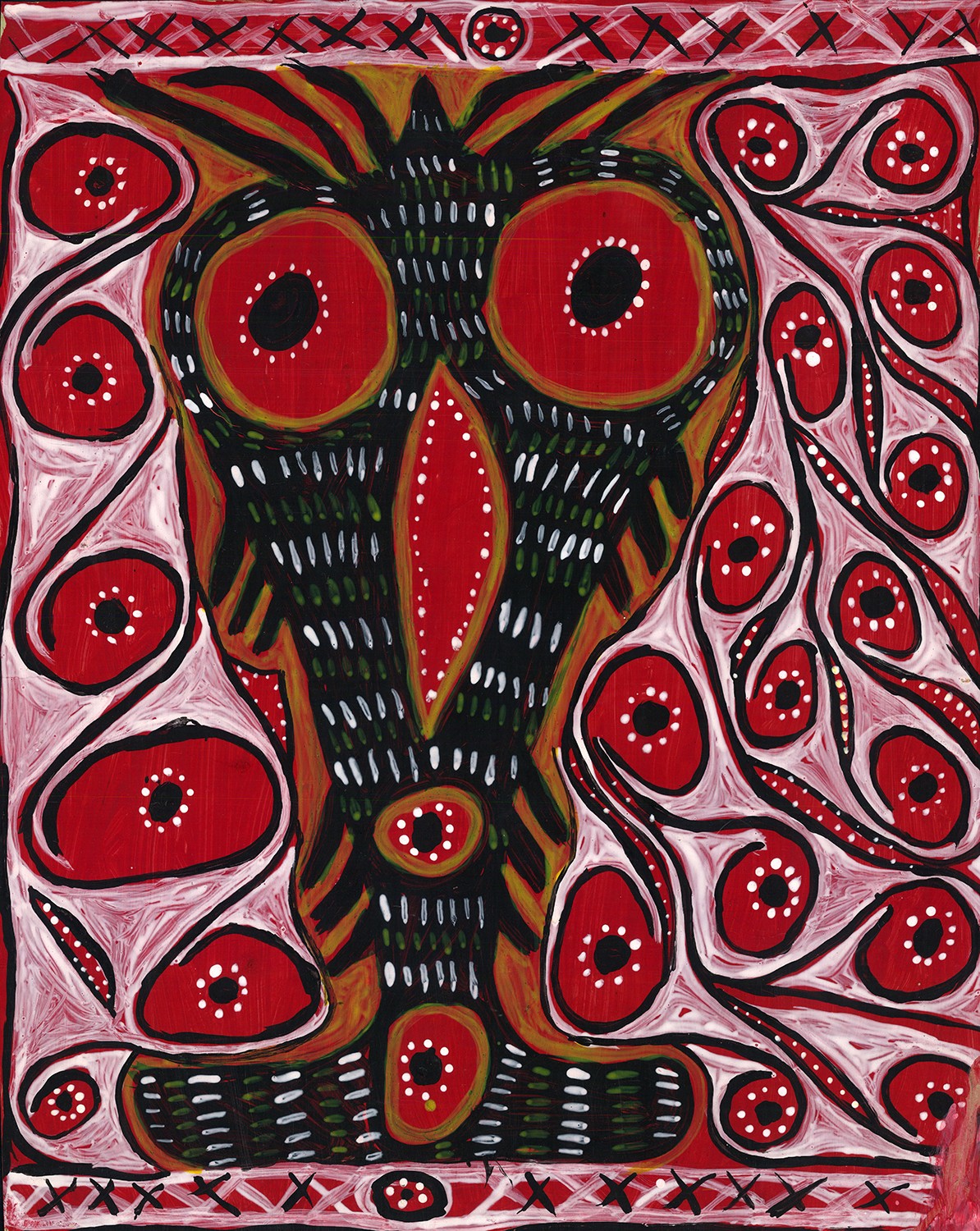 Christian Kmbsa, 2019: Kinin Kumnya 3. Acrylic on paper. Avim, Upper Karawari, New Guinea. Collected by Tomi Bartole, 2019. Collection Weltkulturen Museum