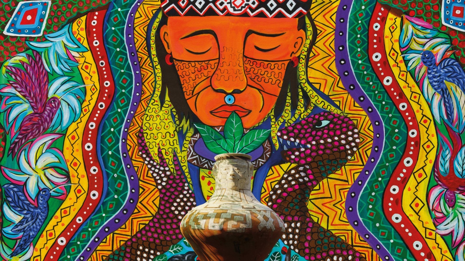 Animation sketch by René Appel with the painting “La Meditación del Ayahuasca“ by Harry Pinedo and the "joni chomo" beer pot, 2023.