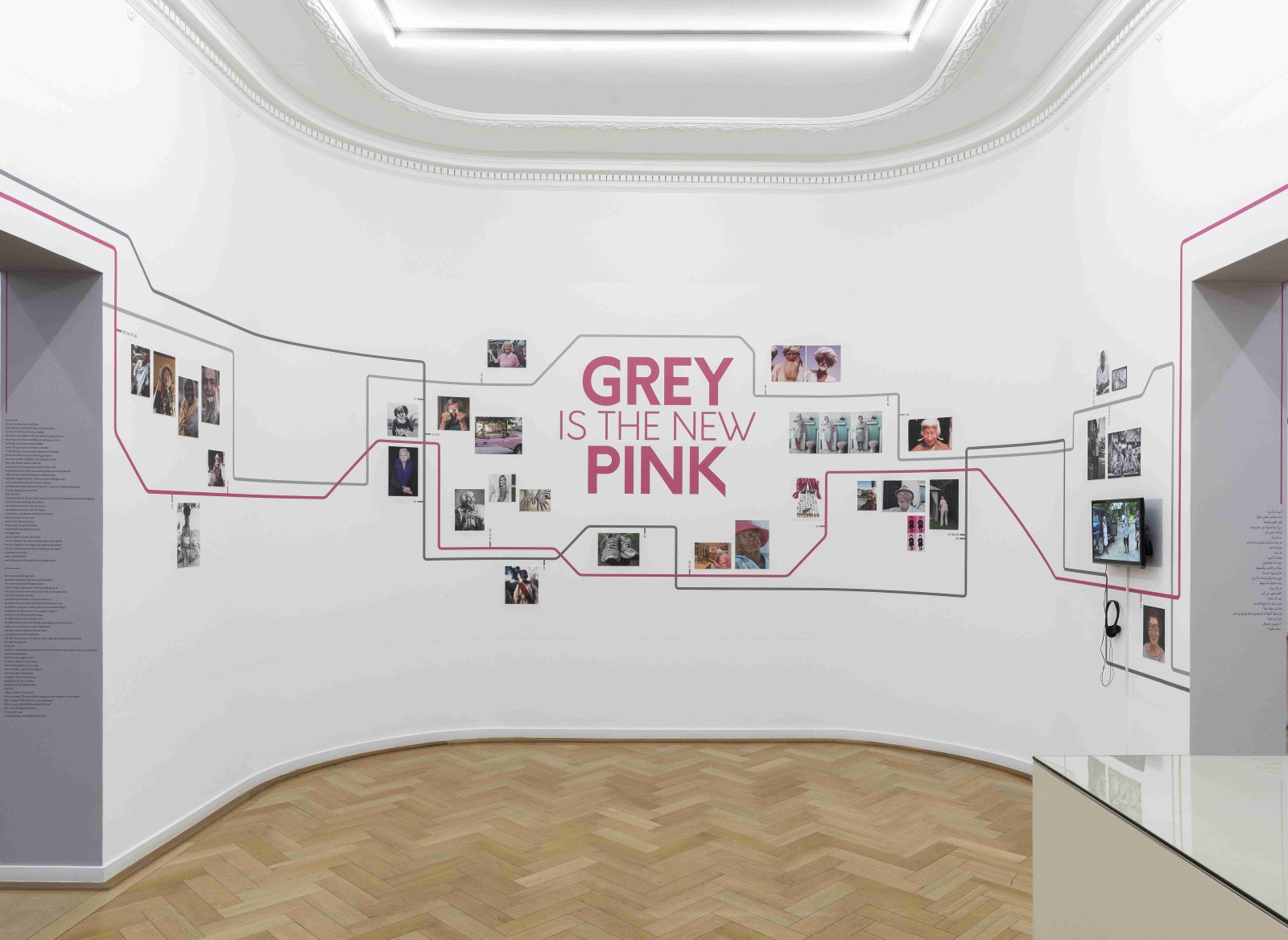 Exhibition view GREY IS THE NEW PINK with the Installation Call for Content; Photo: Wolfgang Günzel; Weltkulturen Museum 2018