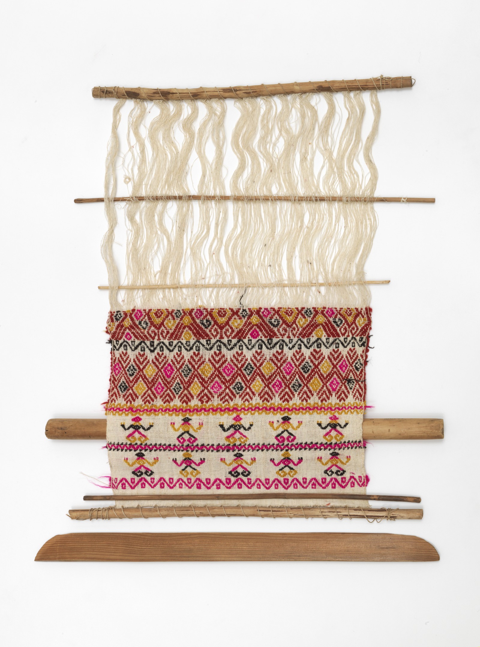 Maya Mam frame loom with polychrome workpiece. Mexico. Collection: Weltkulturen Museum