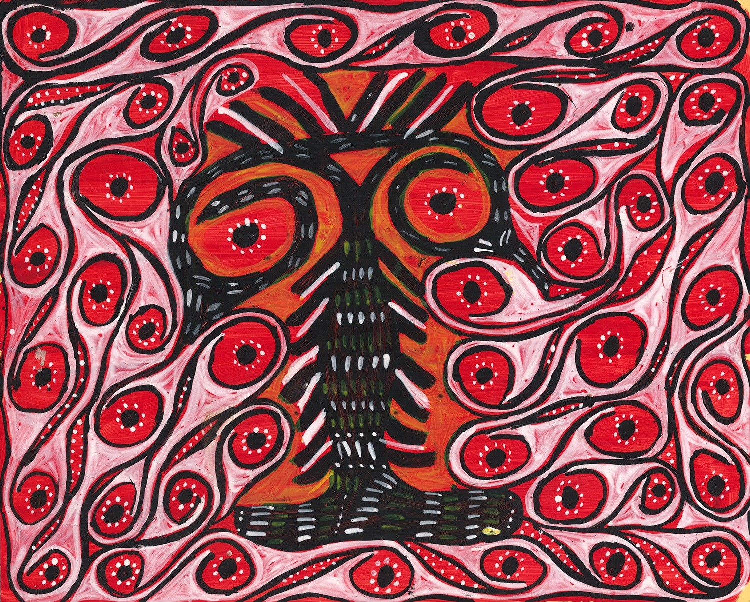 Sebastian Katuk, 2019: Kinin Kumnya. Acrylic on paper. Avim, Upper Karawari, New Guinea. Collected by Tomi Bartole, 2019. Collection Weltkulturen Museum