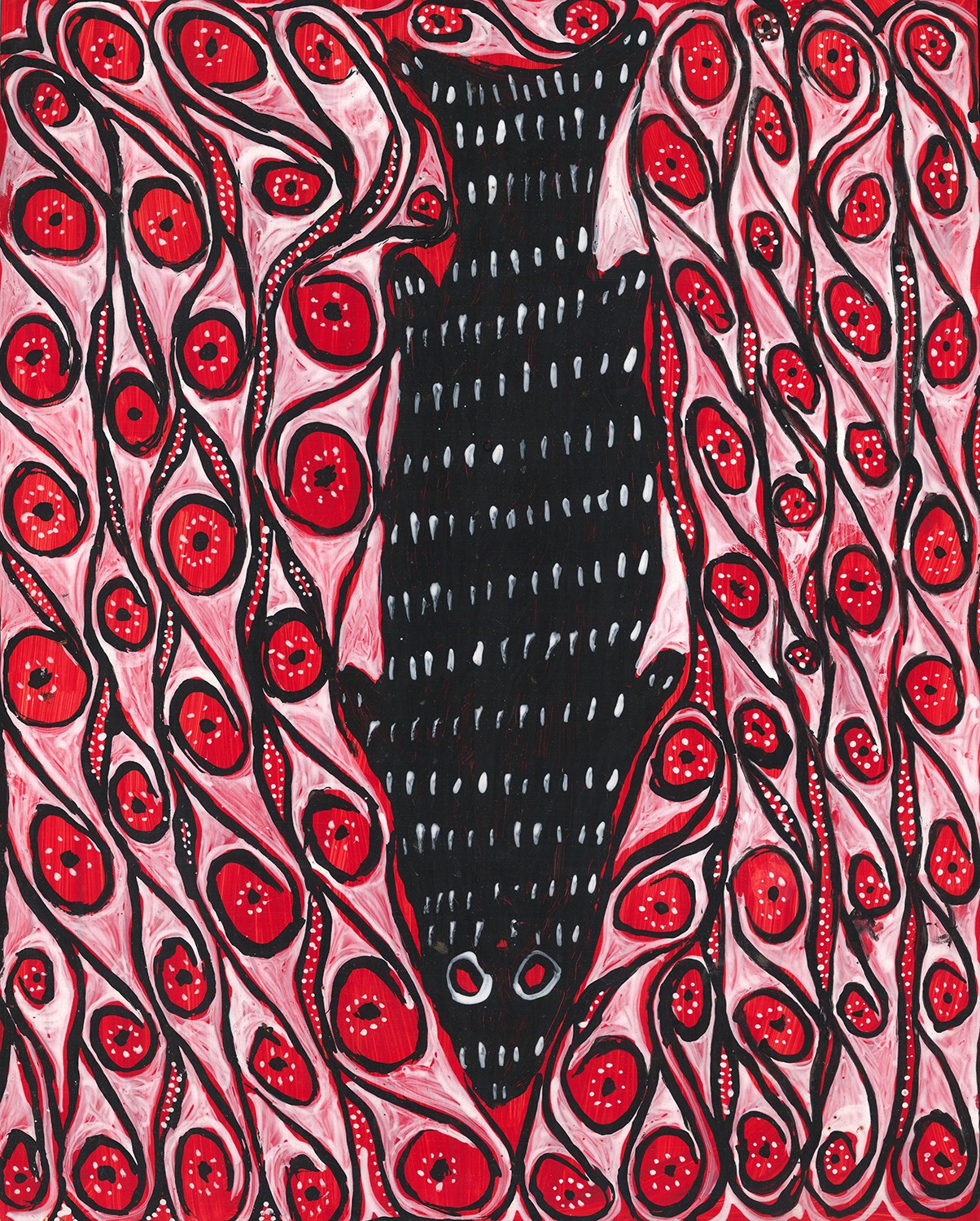 Sebastian Katuk, 2019: Kinin Kumnya I. Acrylic on paper. Avim, Upper Karawari, New Guinea. Collected by Tomi Bartole, 2019. Collection Weltkulturen Museum