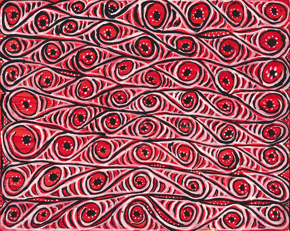 The contemporary painting from Andrias Aimo depicts Etoka Enunga, a spirit that lives in both weapons and slit drums. If this motif is applied to arrows, then they should fly further and have greater penetration power. If it is painted onto slit drums then they can be heard over long distances and are effective during hunting. Andrias Aimo, 2019: Etoka Enunga. Acrylic on paper.Avim, Upper Karawari, New Guinea. Collected by Tomi Bartole, 2019. Collection Weltkulturen Museum.