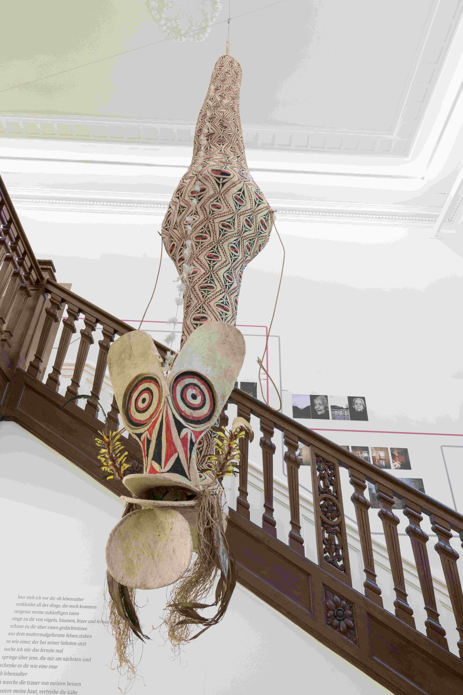 Exhibition view GREY IS THE NEW PINK with mask, Collected by Volker Schneider, 1980-87; New Britain, Melanesia; Wood, bark cloth, painted; Collection Weltkulturen Museum; Photo Wolfgang Günzel. Weltkulturen Museum 2018