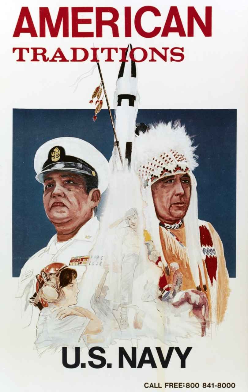 Recruitment poster "American Traditions U.S. Navy". Design: Timothy Gaussiran. Around 1974. U.S. Navy Photo Courtesy of Naval History and Heritage Command.