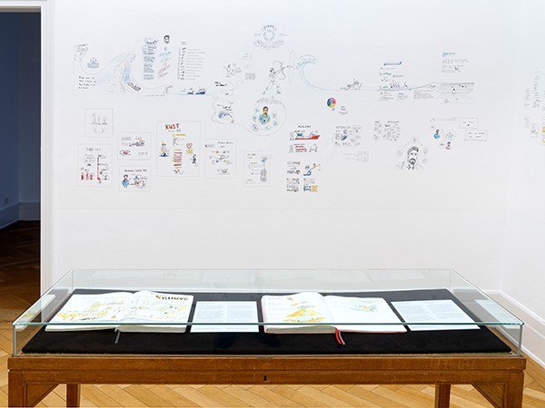 “Life notes” (illustrations), Adrian Pourviseh Exhibition view “SW5Y – Five years of civil sea rescue”,  Weltkulturen Museum 2020, Photo: Wolfgang Günzel